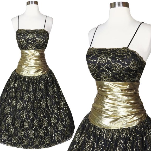 Vintage 80s Gold Metallic Lame Black Lace Full Skirt Sleeveless Spaghetti Strap